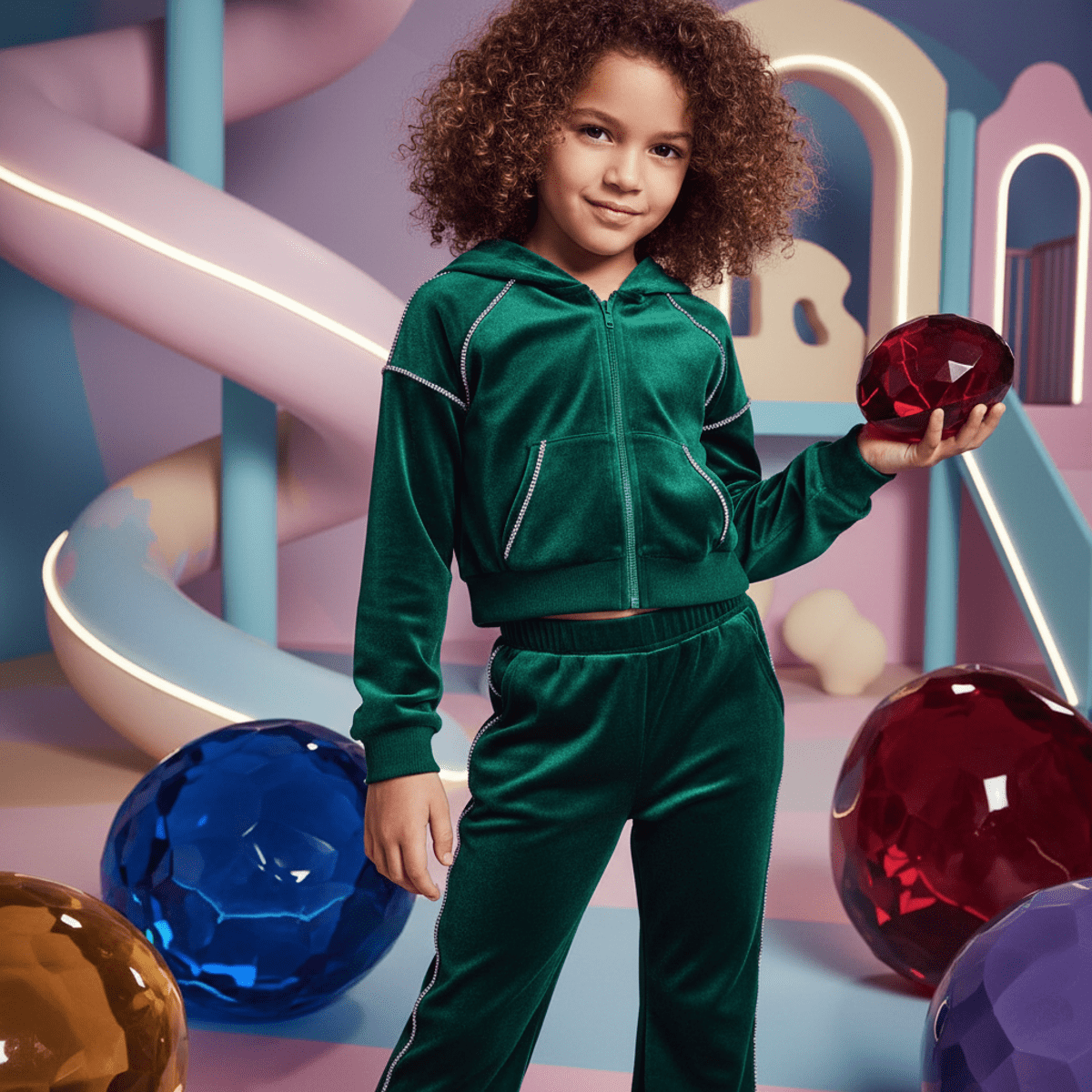 Child in emerald velour sweatsuit on futuristic pastel playground.