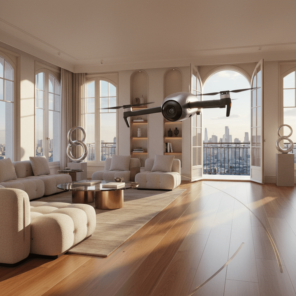 Mini drone captures panoramic city skyline from a luxurious sunlit living room balcony.
