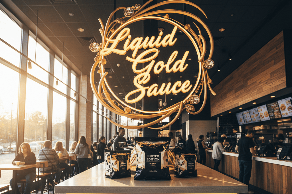 Wide shot of a lively fast-food setting showcasing a creative promotional display for a limited-edition sauce under warm ambient lighting