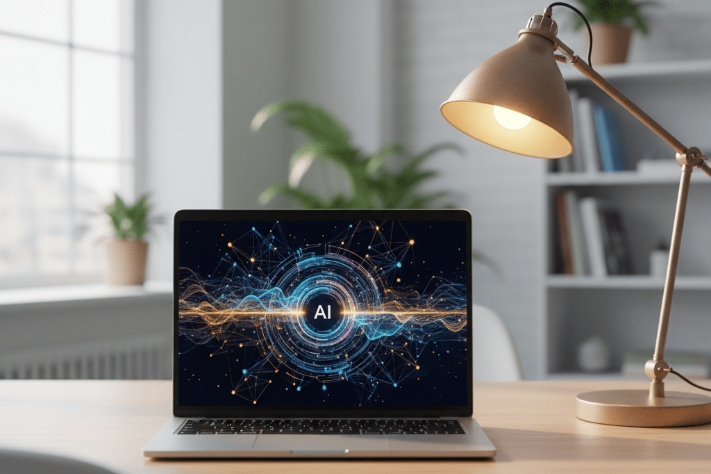 Sleek laptop on a desk showing glowing AI data streams under natural light symbolizing tech accessibility