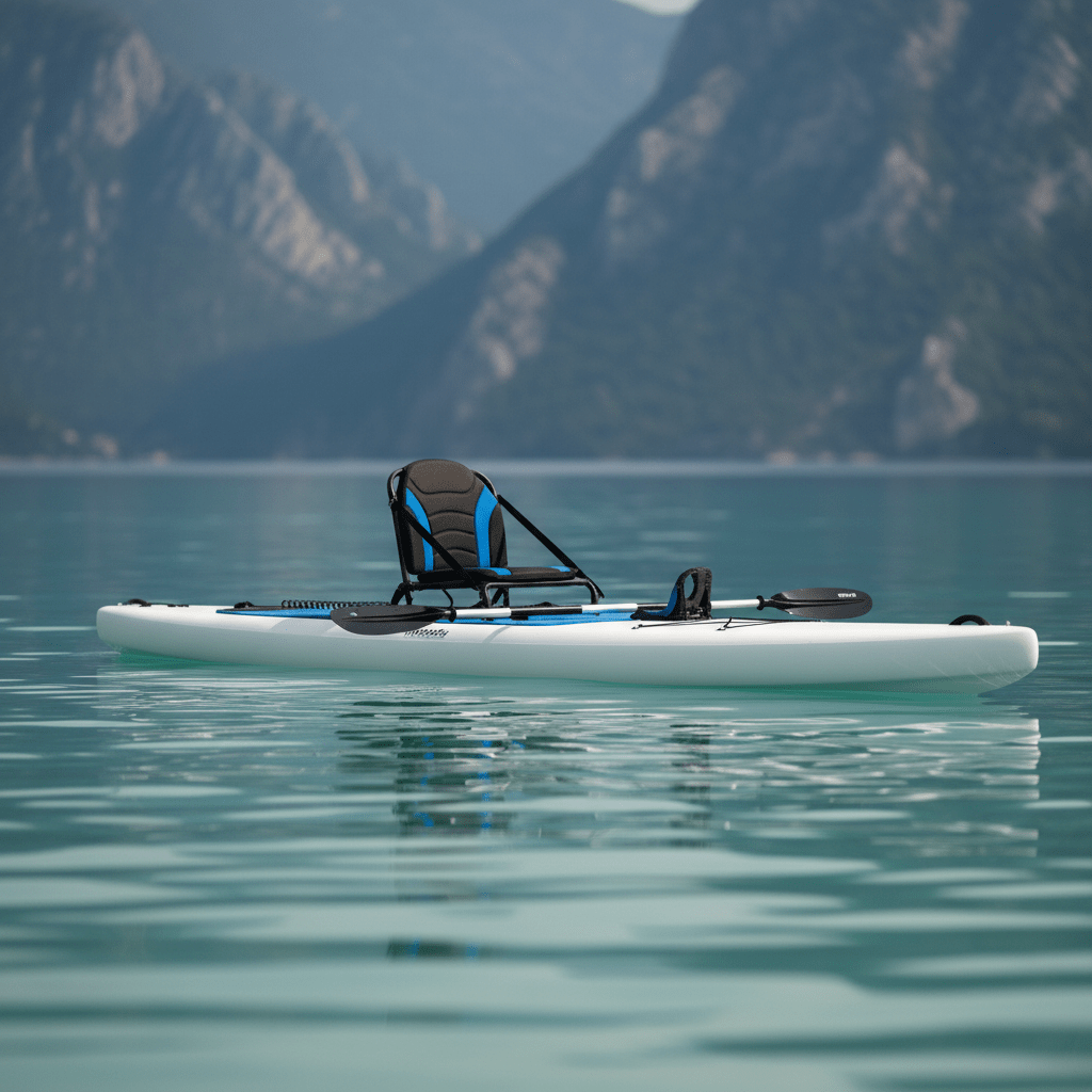 Portable hybrid kayak-paddleboard with padded seat on calm turquoise water.