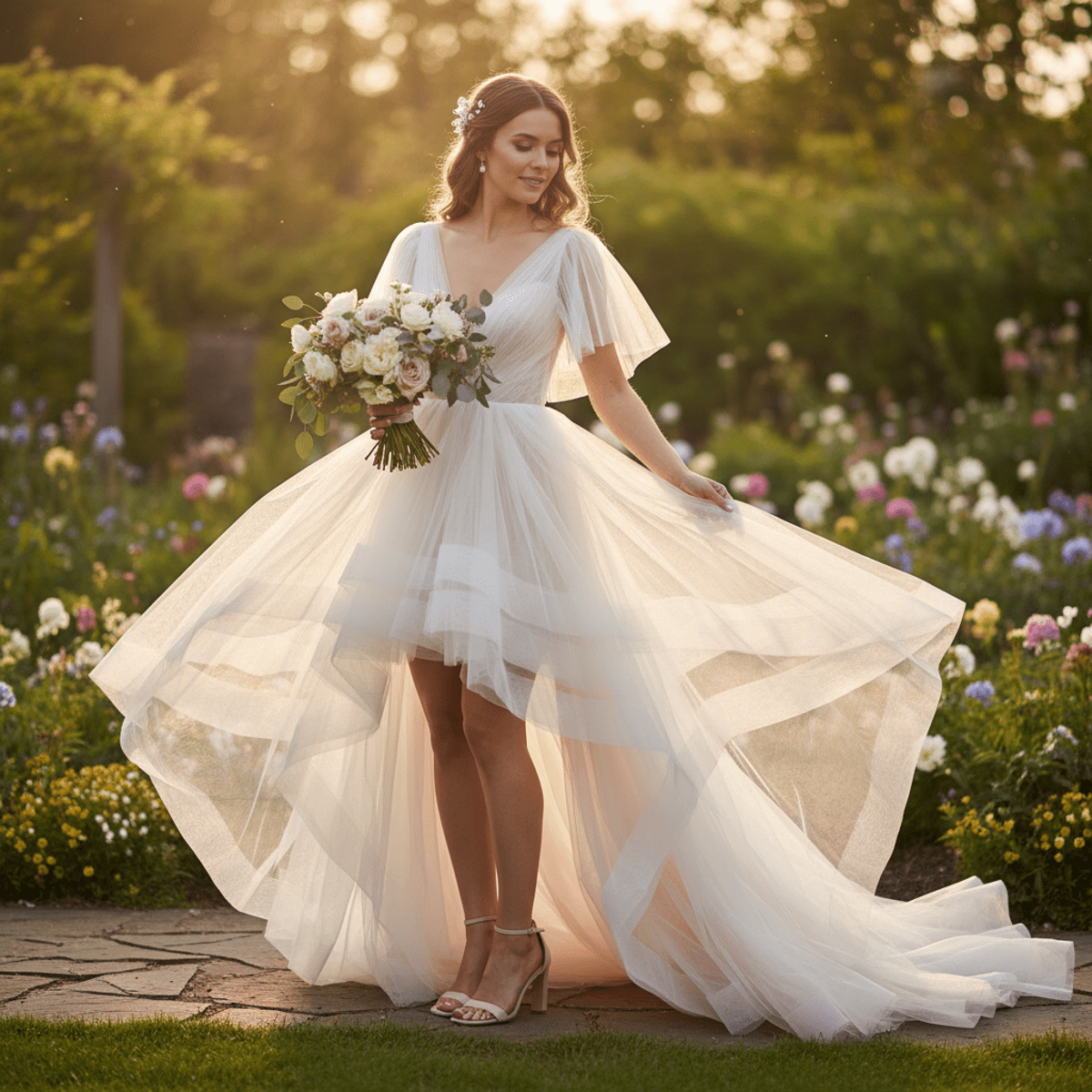 Bride in cascading ivory to blush tulle wedding dress in a sunlit garden.