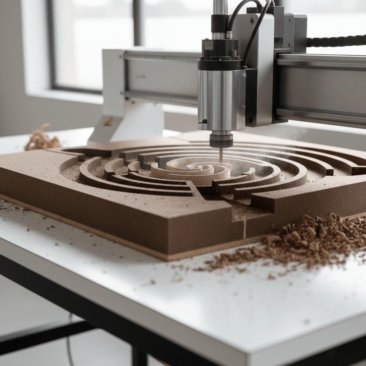 Modern wood router carving an intricate negative mold from dense MDF.