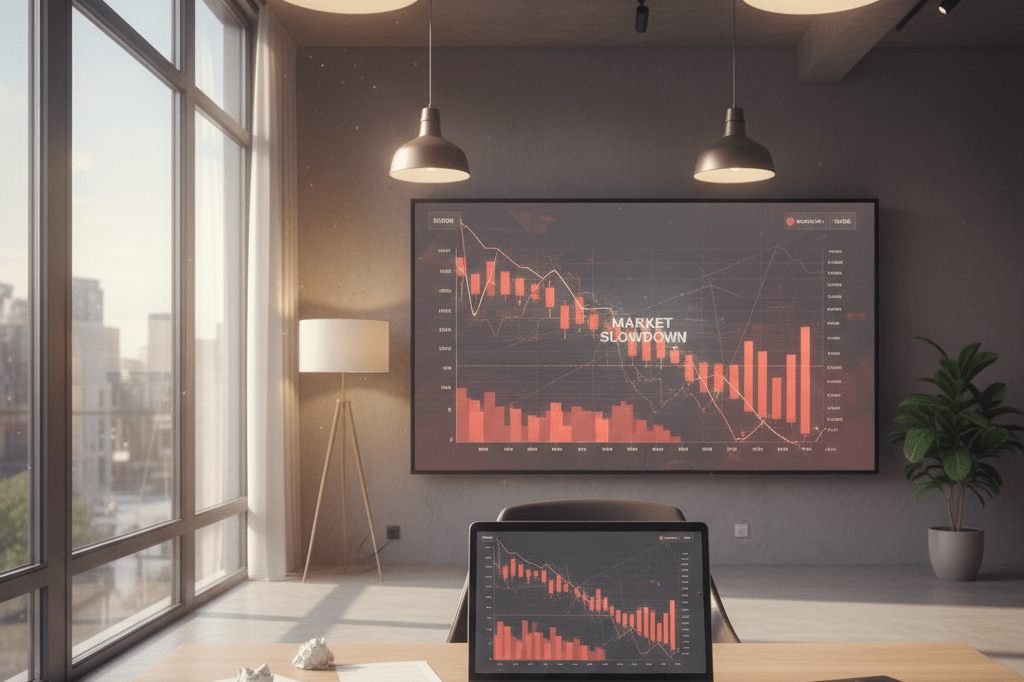 Modern real estate desk with laptop and market graphs under warm ambient light, symbolizing buyer hesitancy due to geopolitical instability