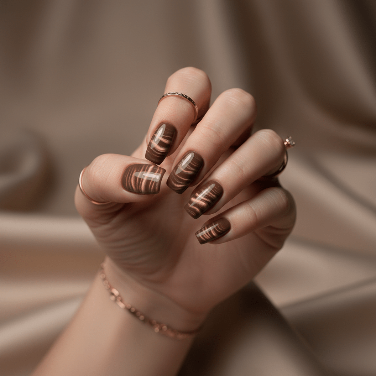 Rich mocha mousse nails with magnetic cat-eye effect and velvety shimmer.