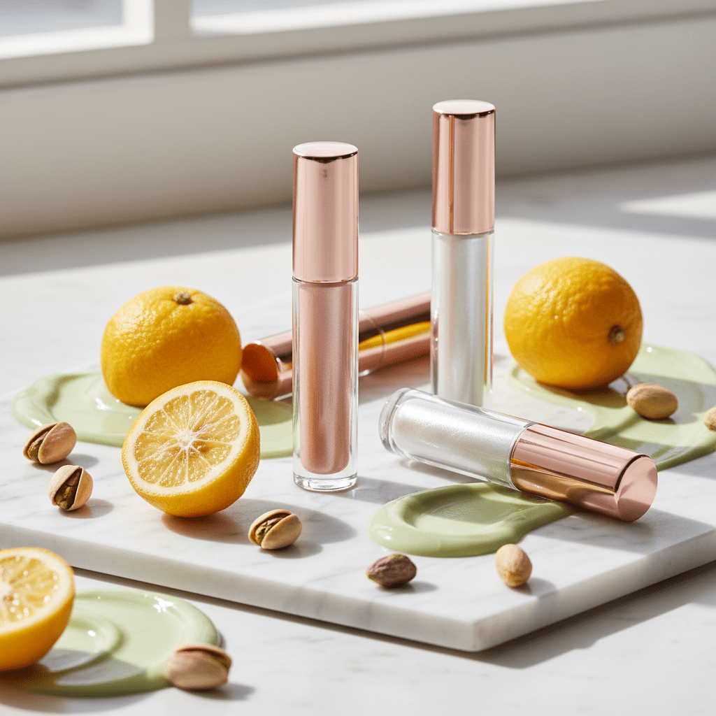 Sleek Korean lip gloss tubes arranged with yuzu and pistachios on marble.