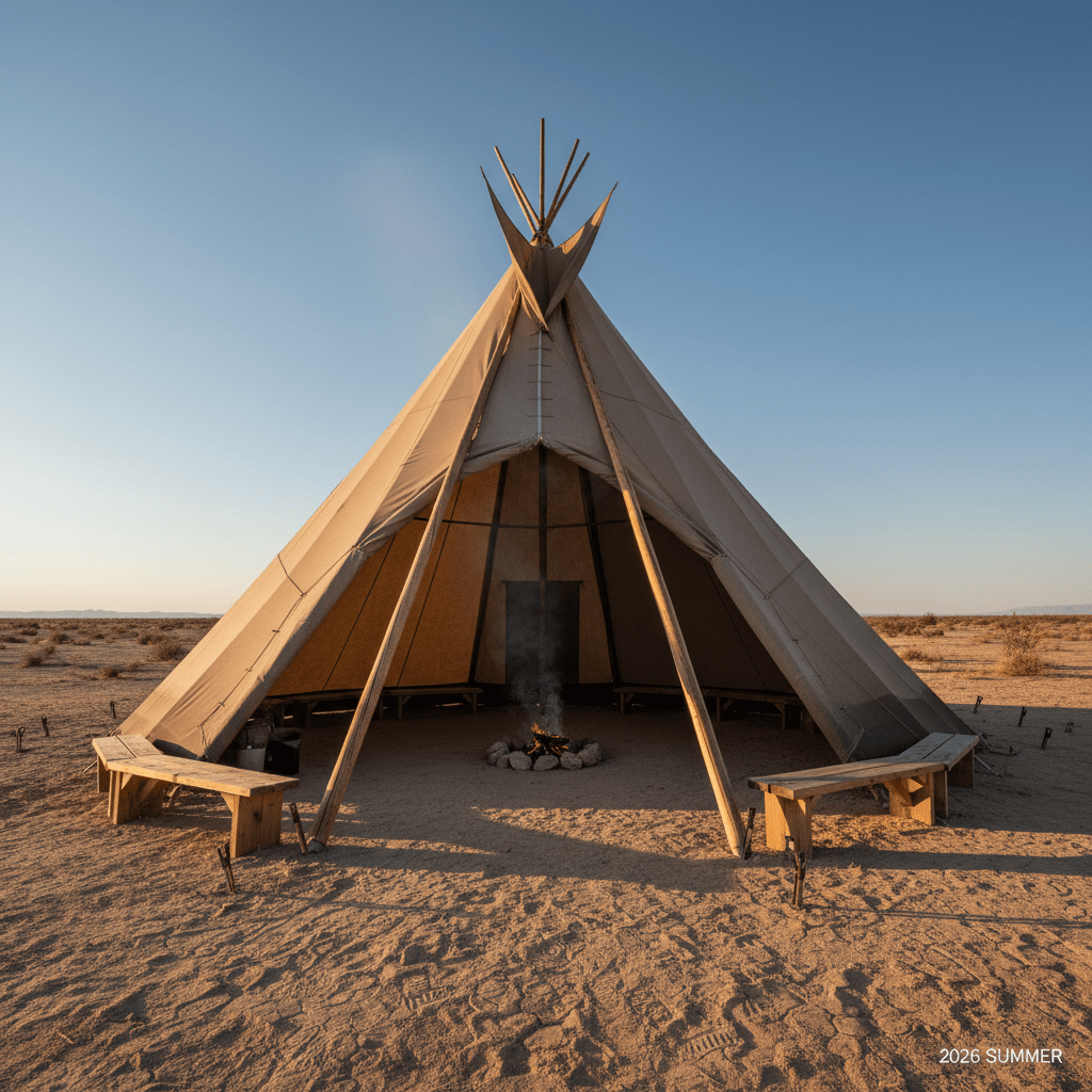 Heavy duty twin-pole tipi tent in desert with campfire smoke.