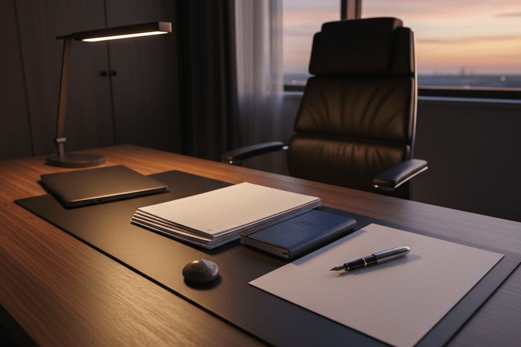 Modern office desk with organized items under warm sunset lighting, representing systematic professional comeback strategies