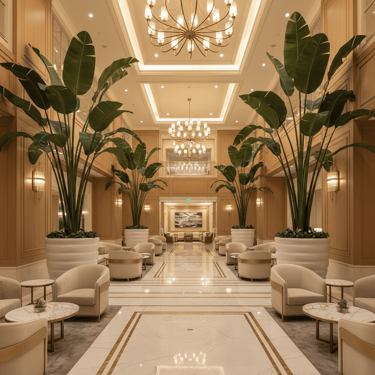 Oversized tropical plants in a luxurious hotel lobby with marble and gold accents.