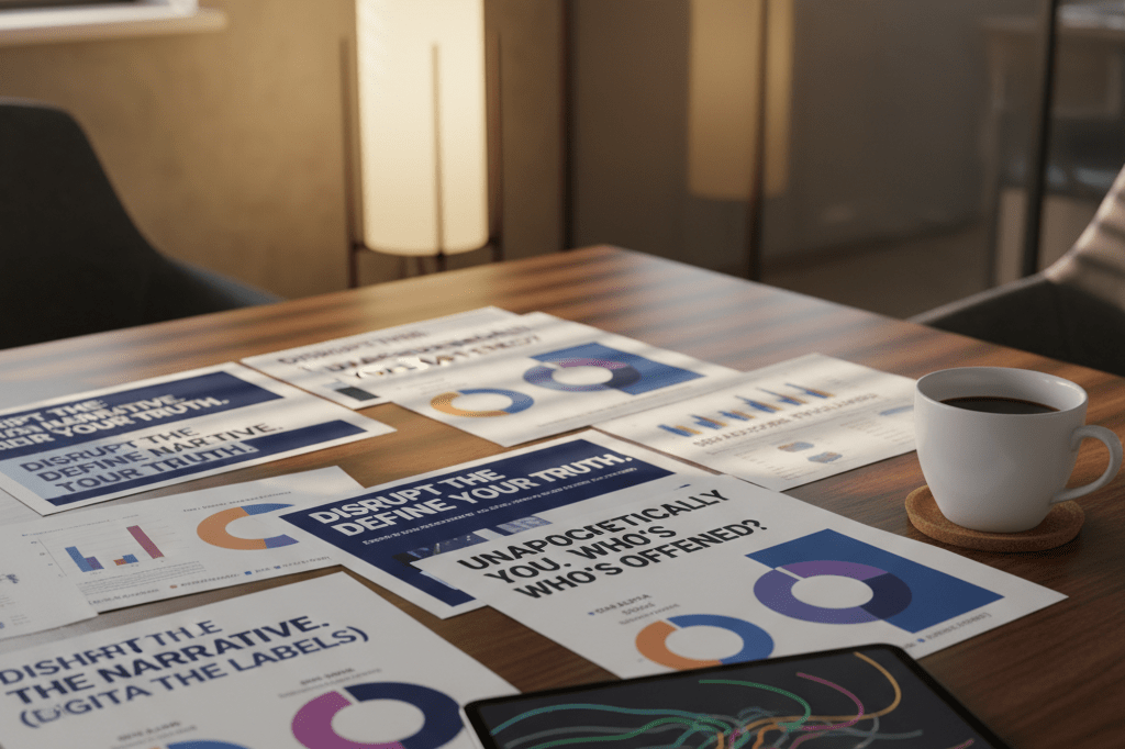 Marketing table with bold campaign mockups and demographic charts under warm ambient light