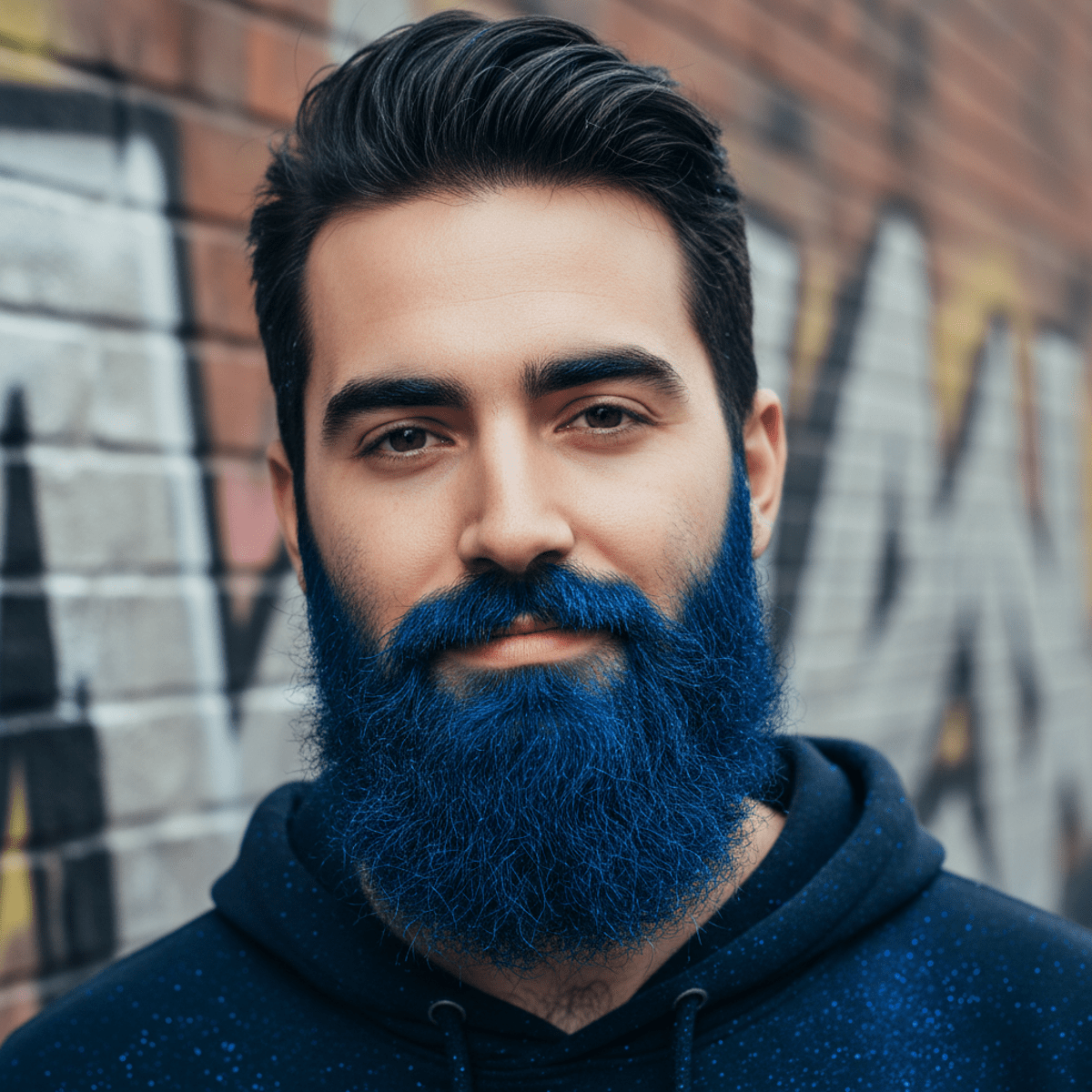 Young man with electric cobalt blue beard against graffiti wall, soft diffused light.