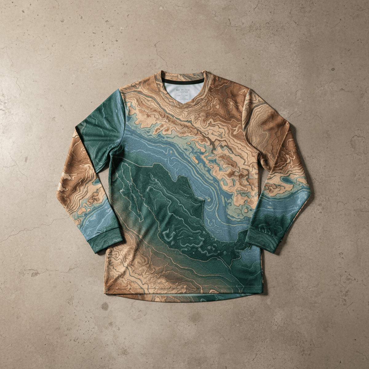 Long sleeve soccer jersey with embossed geography patterns on textured neutral background.