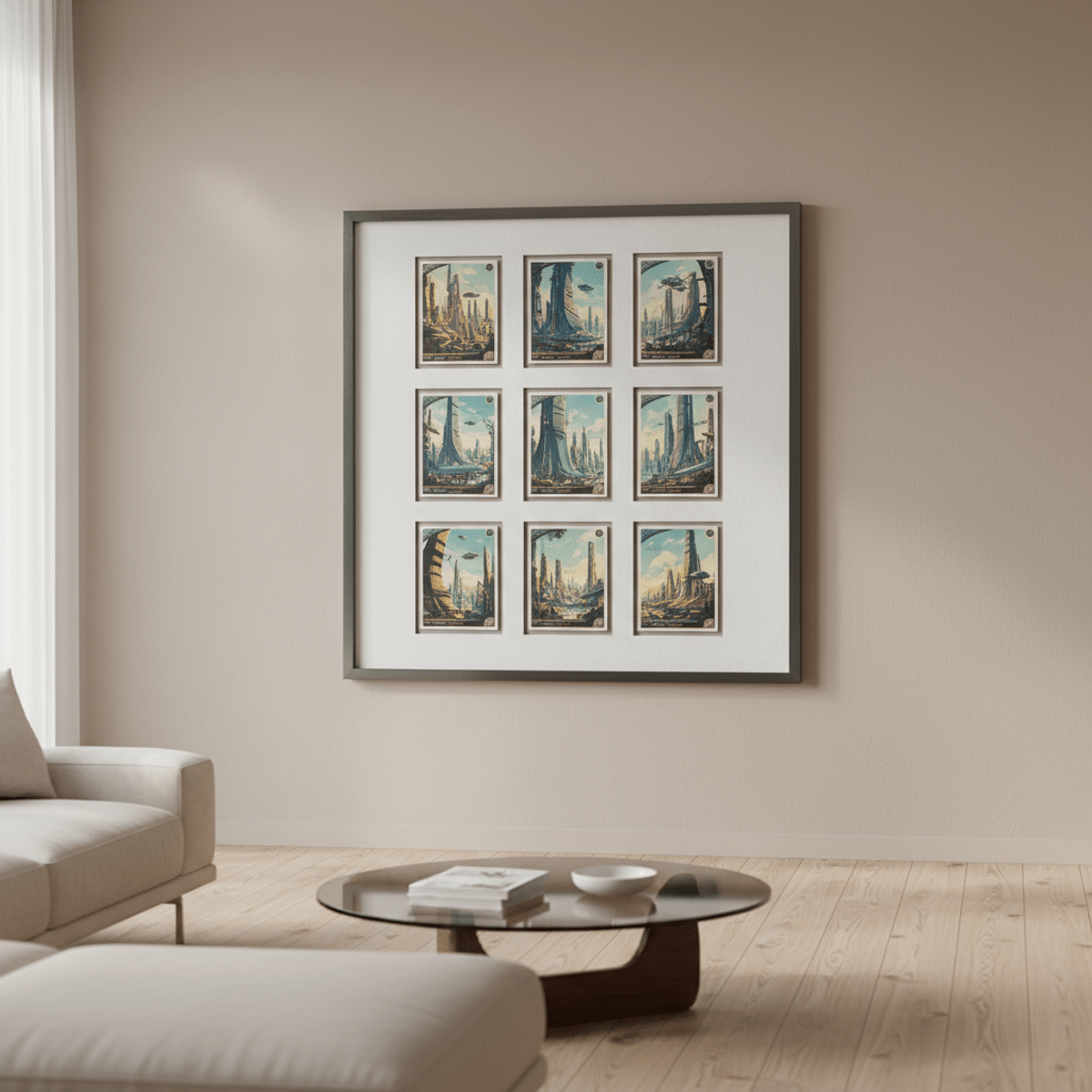 Nine-card trading card display as panoramic art in a minimalist living room.