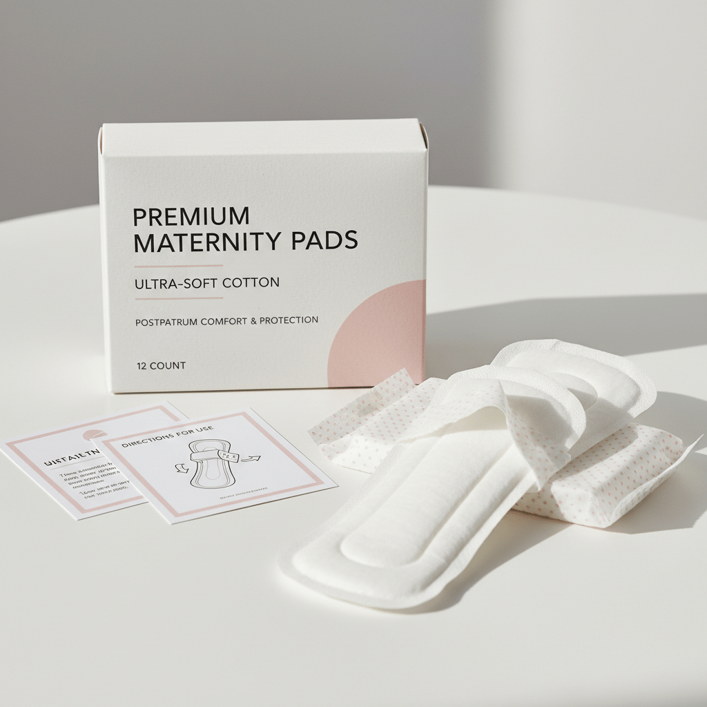 Elegant packaging of premium maternity pads with clean typography and pastel accents.