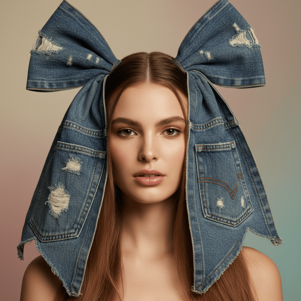 Young woman with long hair styled in oversized upcycled denim bows with frayed edges.
