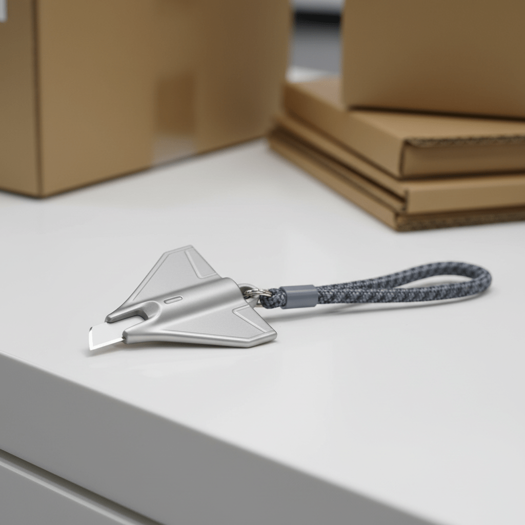 Compact cardboard cutter with ceramic blade and aluminum body on retail counter.