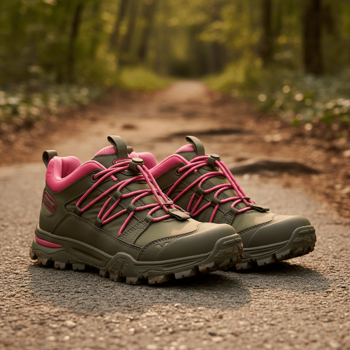 Olive drab and signal pink utilitarian sneakers on an urban sidewalk transitioning to a trailhead.