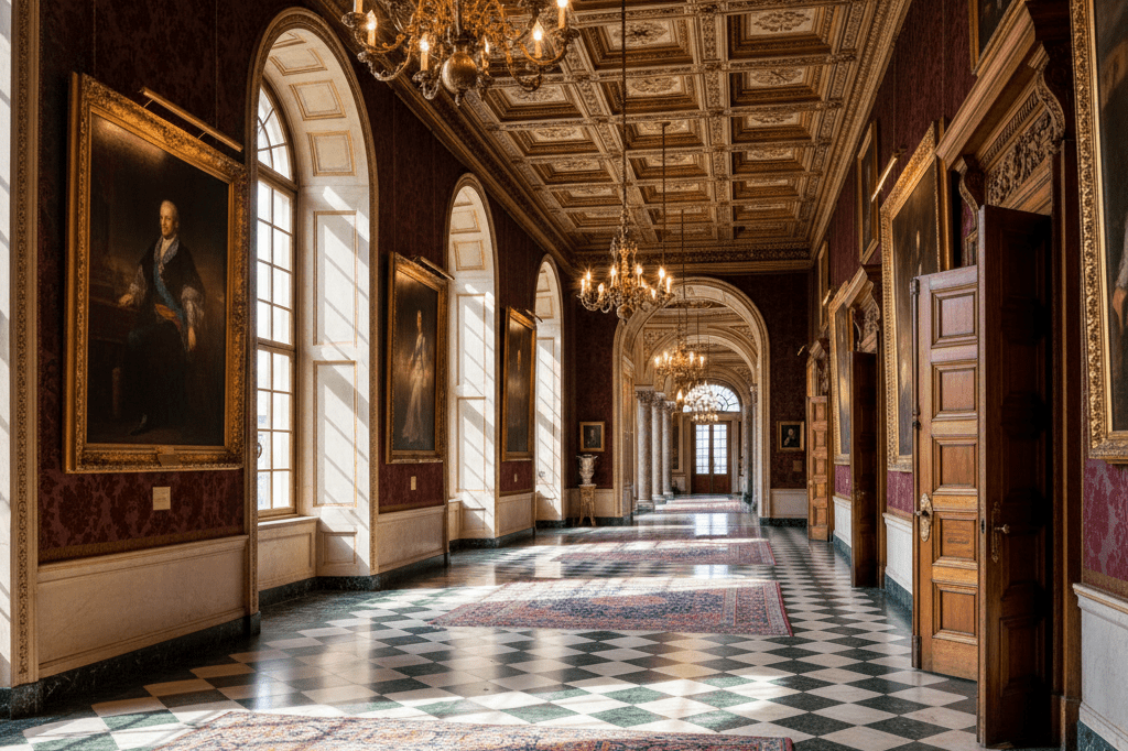 Luxurious interior of a historic venue’s grand corridor Wide shot of an elegant historic corridor with tall windows, gilded portraits, and marble flooring under warm ambient light
