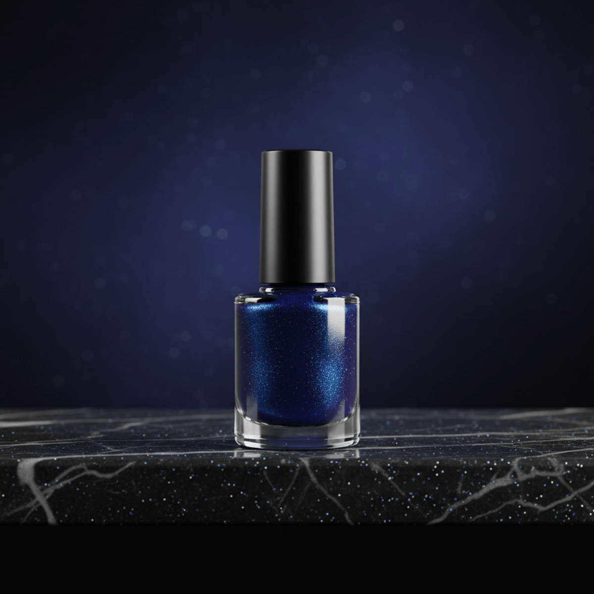 Minimalist flatlay of deep space blue nail polish with silver shimmer on marble.
