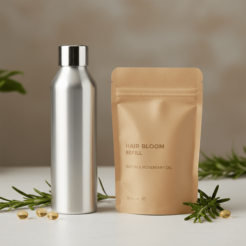 Luxurious hair growth oil spray with rosemary and biotin on white stone.