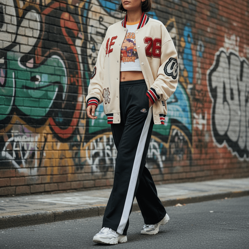 Woman in oversized varsity jacket and track pants on urban street with graffiti.