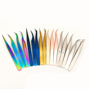 Custom stainless steel eyelash extension tweezers with logo straight slant curved volume lash tweezer set private label
