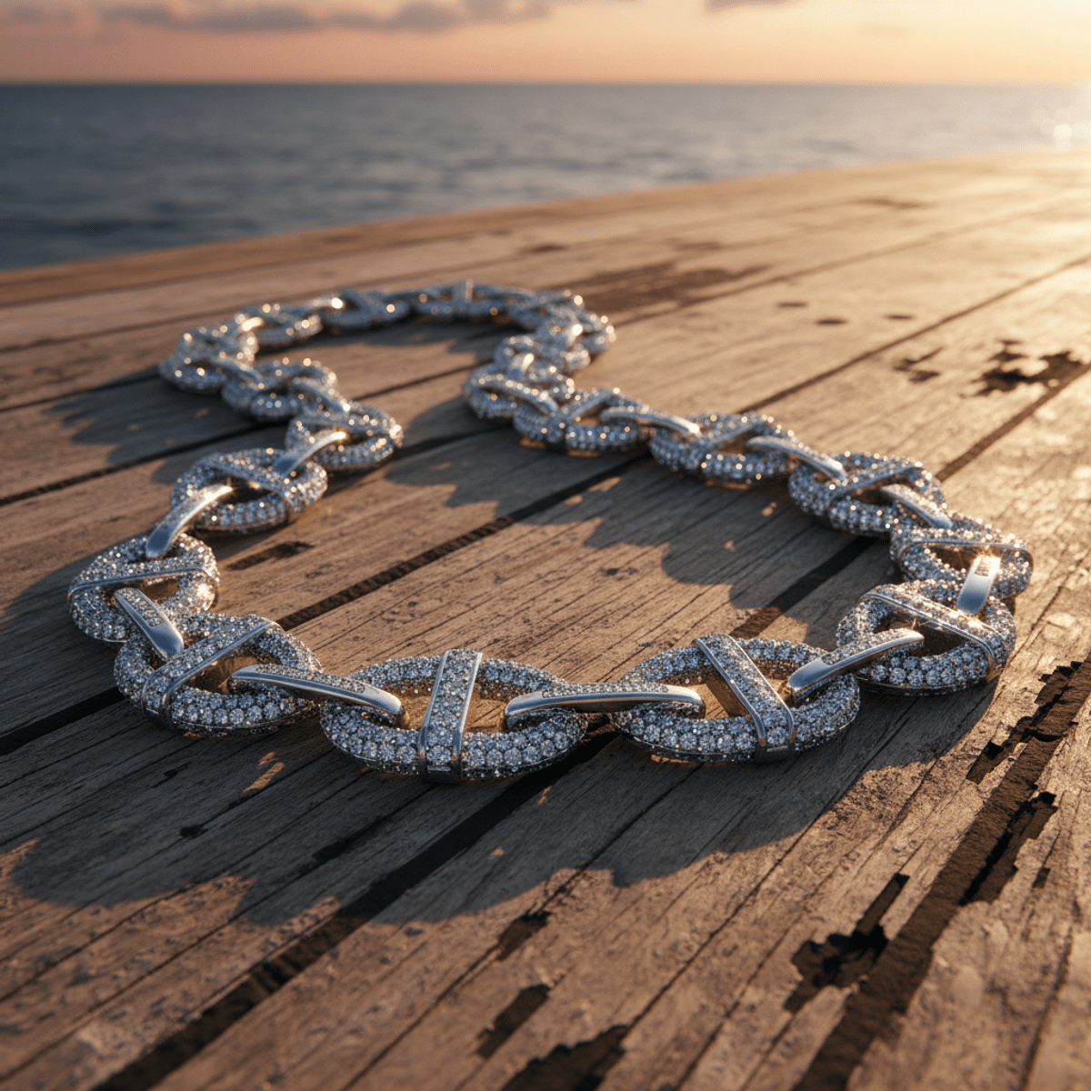 Moissanite mariner link chain draped on a weathered wooden ship deck, shimmering stones.