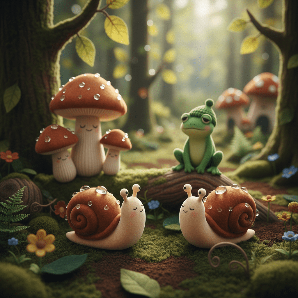 Cute kawaii woodland scene with snails, mushrooms, and frogs in lush forest.
