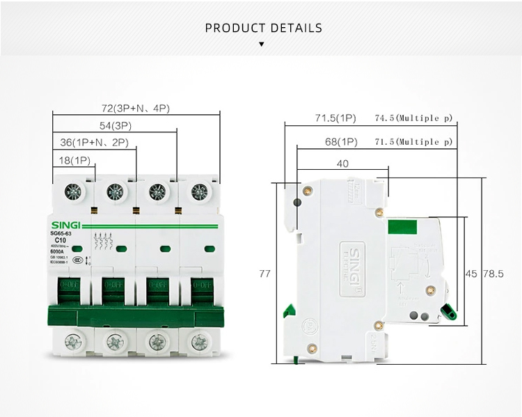 Miniature Circuit Breaker MCB Electrical safety air disjuntor disjoncteur Singi  SG65-63 6ka  230V 4P 40A