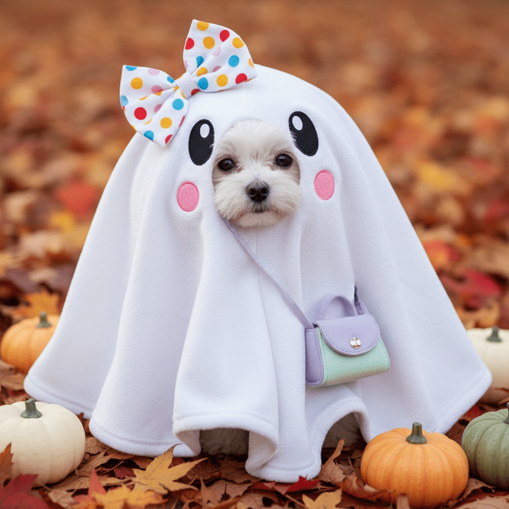 Small dog in a white ghost costume sits on autumn leaves with pumpkins.