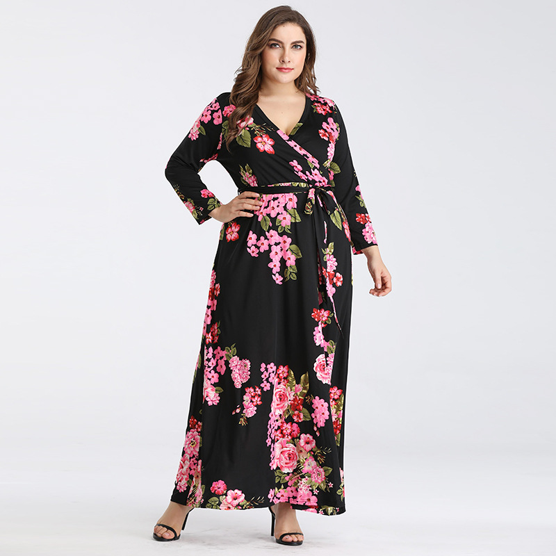 thumbnail image 2 of HAOMEILI Plus Size Floral Maxi Dress - Long Sleeve V-Neck Dress With Pockets 4XL Rose Black 2 of 9