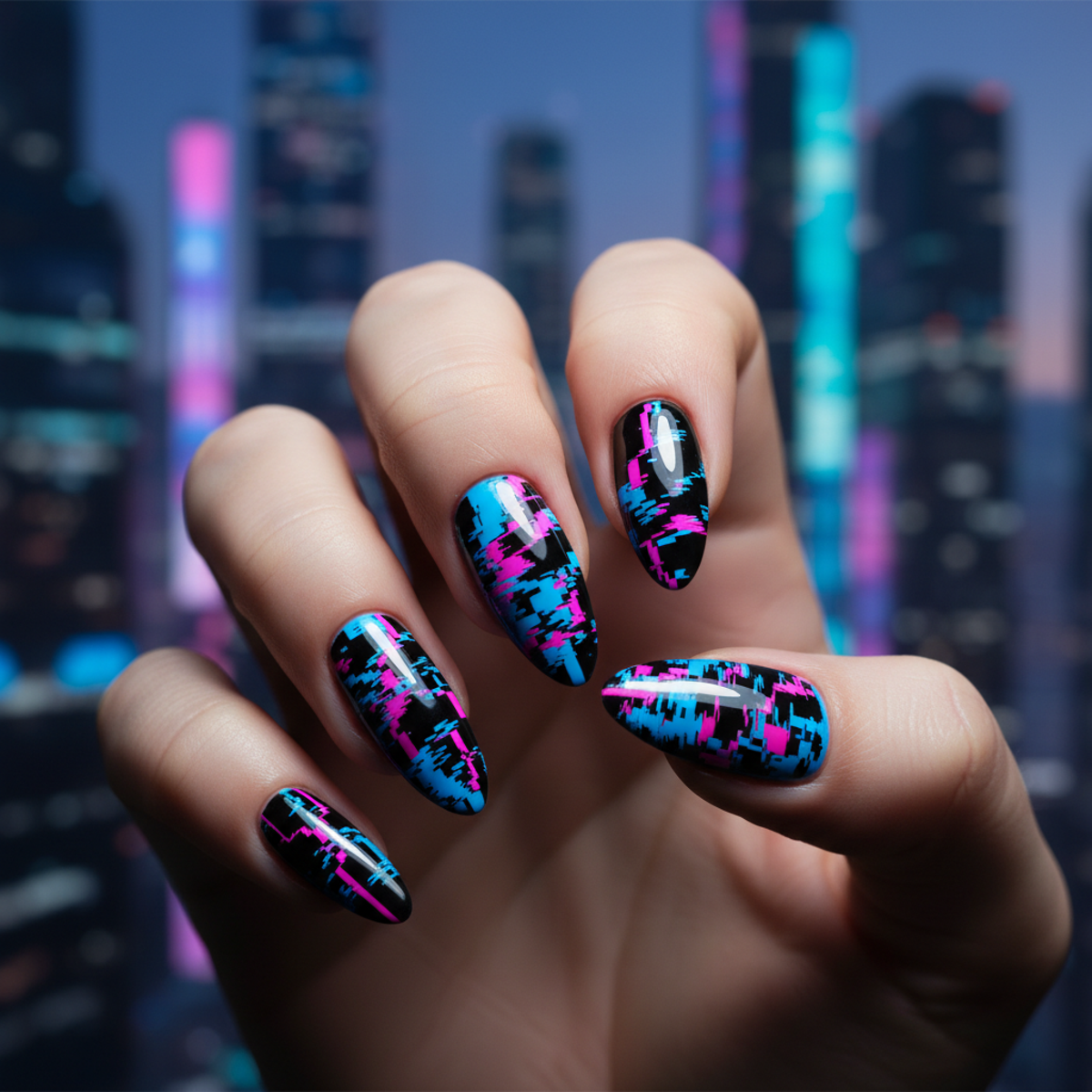 Cyber-culture glitch style nails with pixel patterns and bold colors against a cityscape.