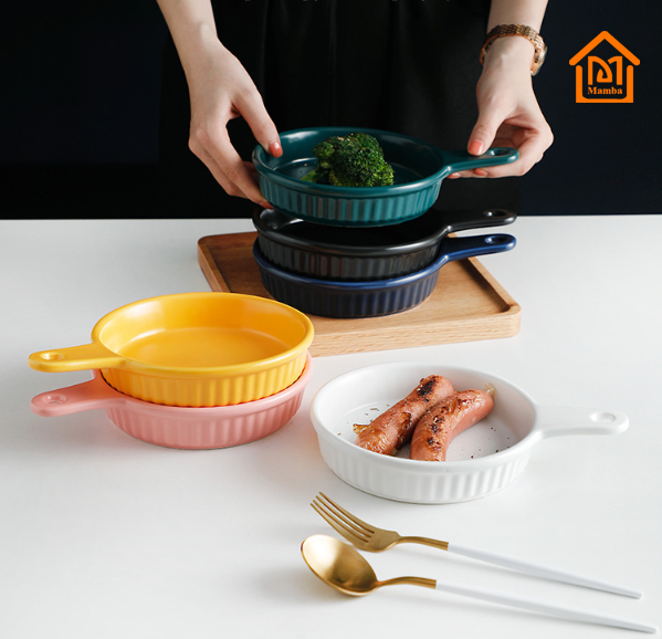 Nordic glazed ceramic baking tray simple Ins with handle western household oven pan