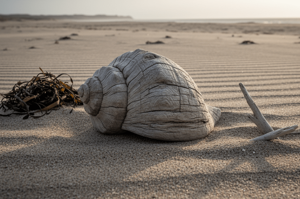 A naturalistic medium shot of a bleached conch shell on coarse beach sand with dried seaweed, evoking leadership symbolism and environmental pressure