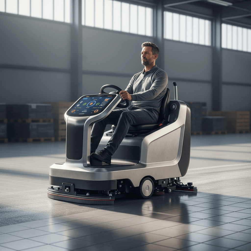 Ergonomic tile floor scrubber operator seated comfortably in a large warehouse.