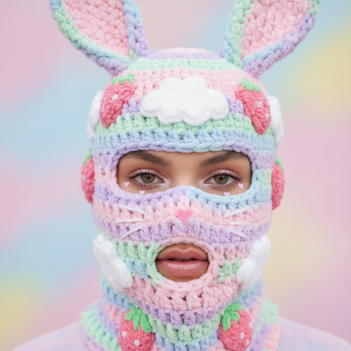 Handmade pastel crochet shiesty mask with bunny ears and strawberry cloud patterns.