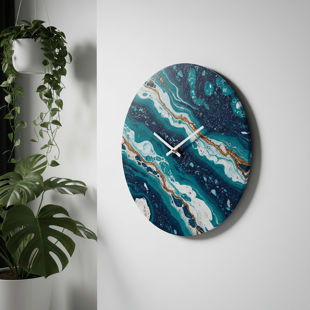 Wall-mounted clock from recycled ocean plastic with marbled turquoise, navy, and pearl white patterns.