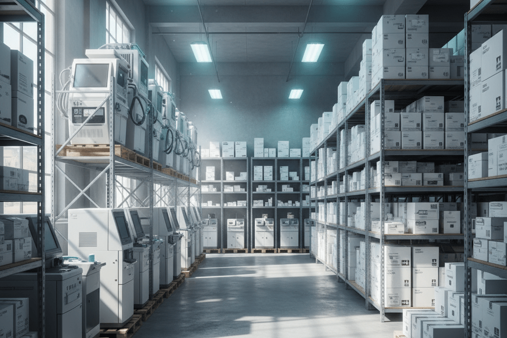 Wide view of hospital supply shelves filled with ventilators, dialysis machines, and PPE under ambient lighting