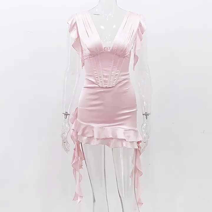 Wholesale Backless Fishbone Sleeveless Mini Dress Deep v Neck