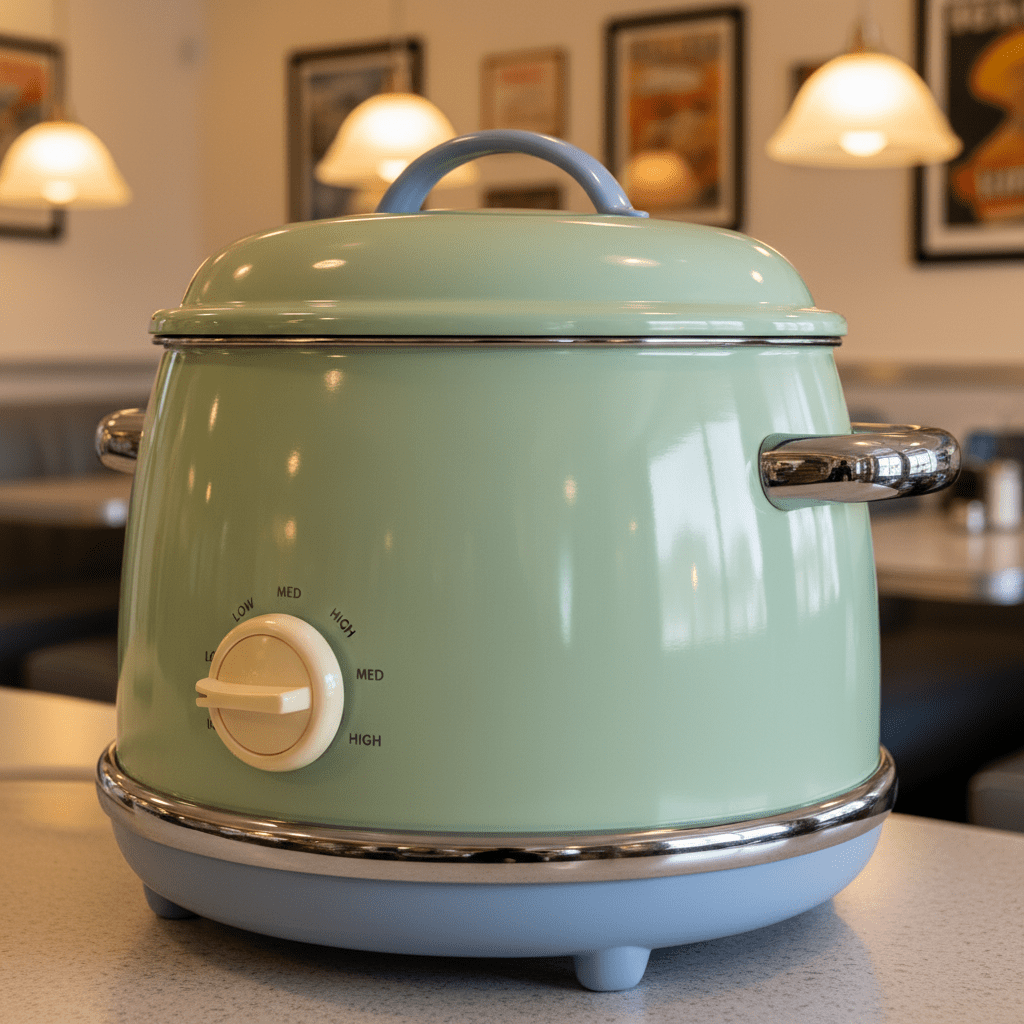 Vintage mint green soup warmer with blue accents and chrome hardware.