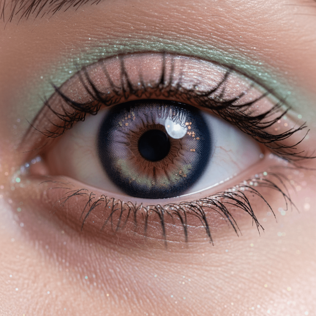 Macro eye with cheap colored contacts, fairycore makeup, and stardust flecks.