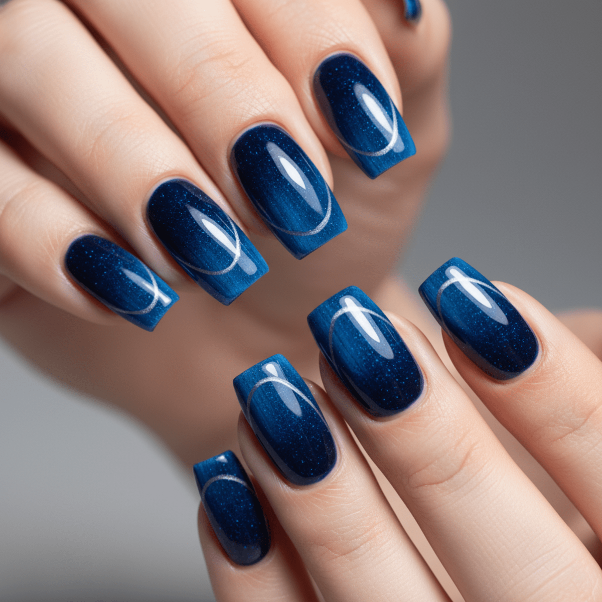 Futuristic French nail designs featuring velvet cat-eye polish and magnetic shimmering lines.