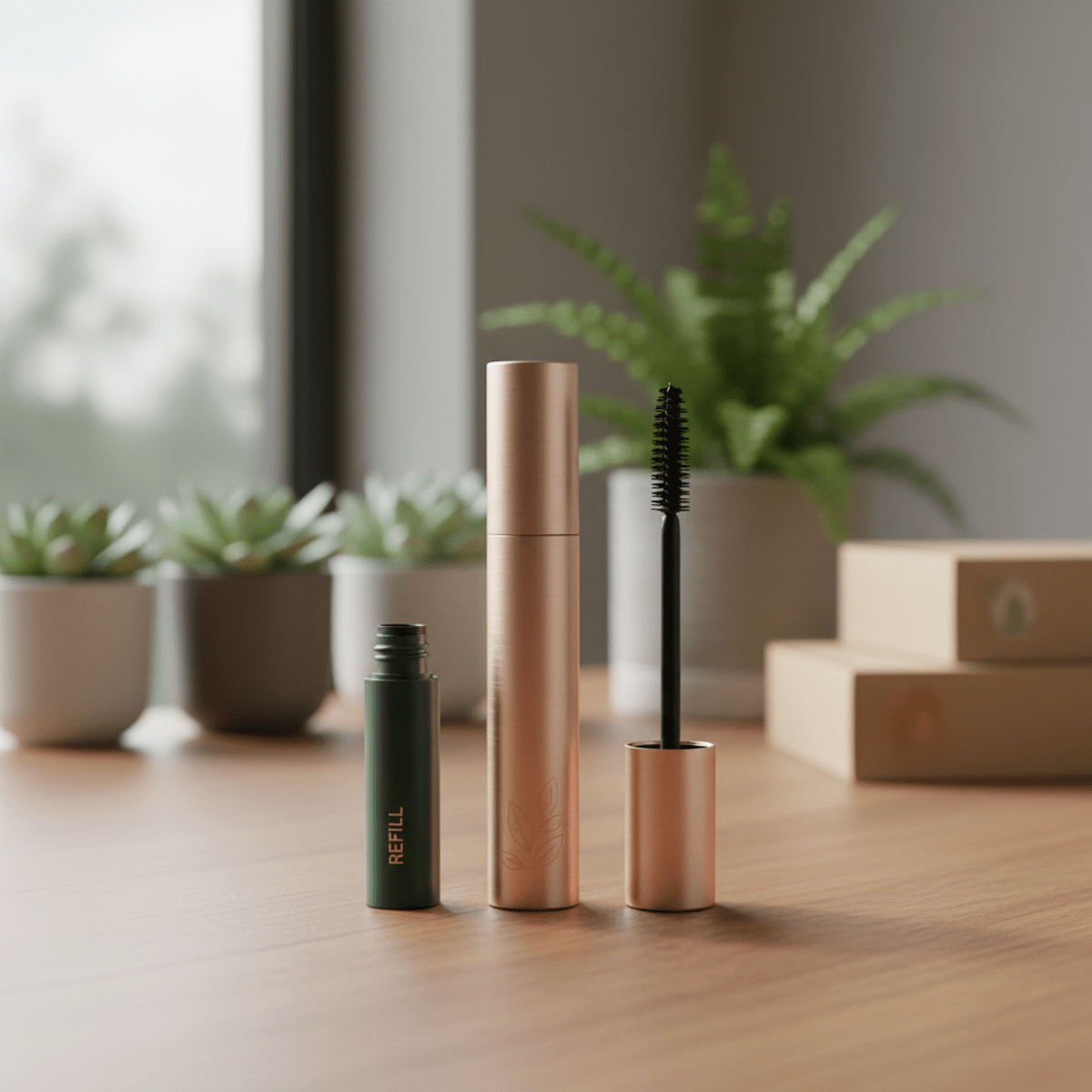 Sleek refillable mascara with metallic case on polished wood vanity.