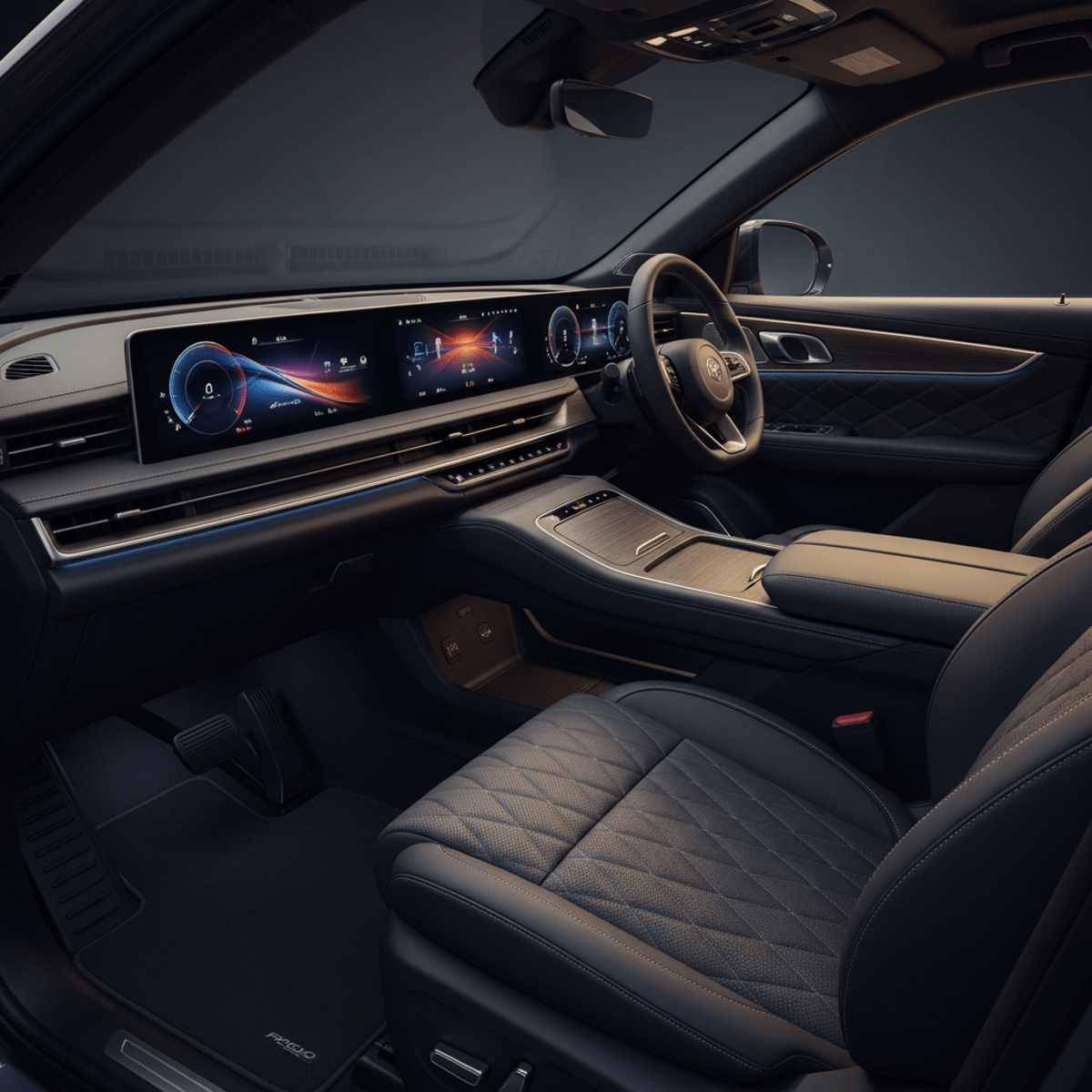 Luxurious 2026 midsize SUV interior with digital dash and quilted leather seats.
