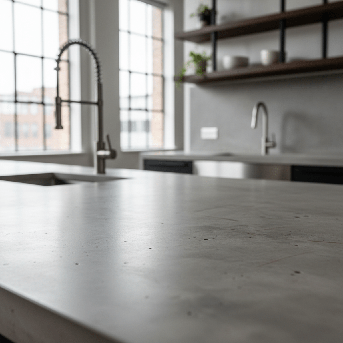 Modern loft kitchen with a finished industrial concrete look epoxy countertop.