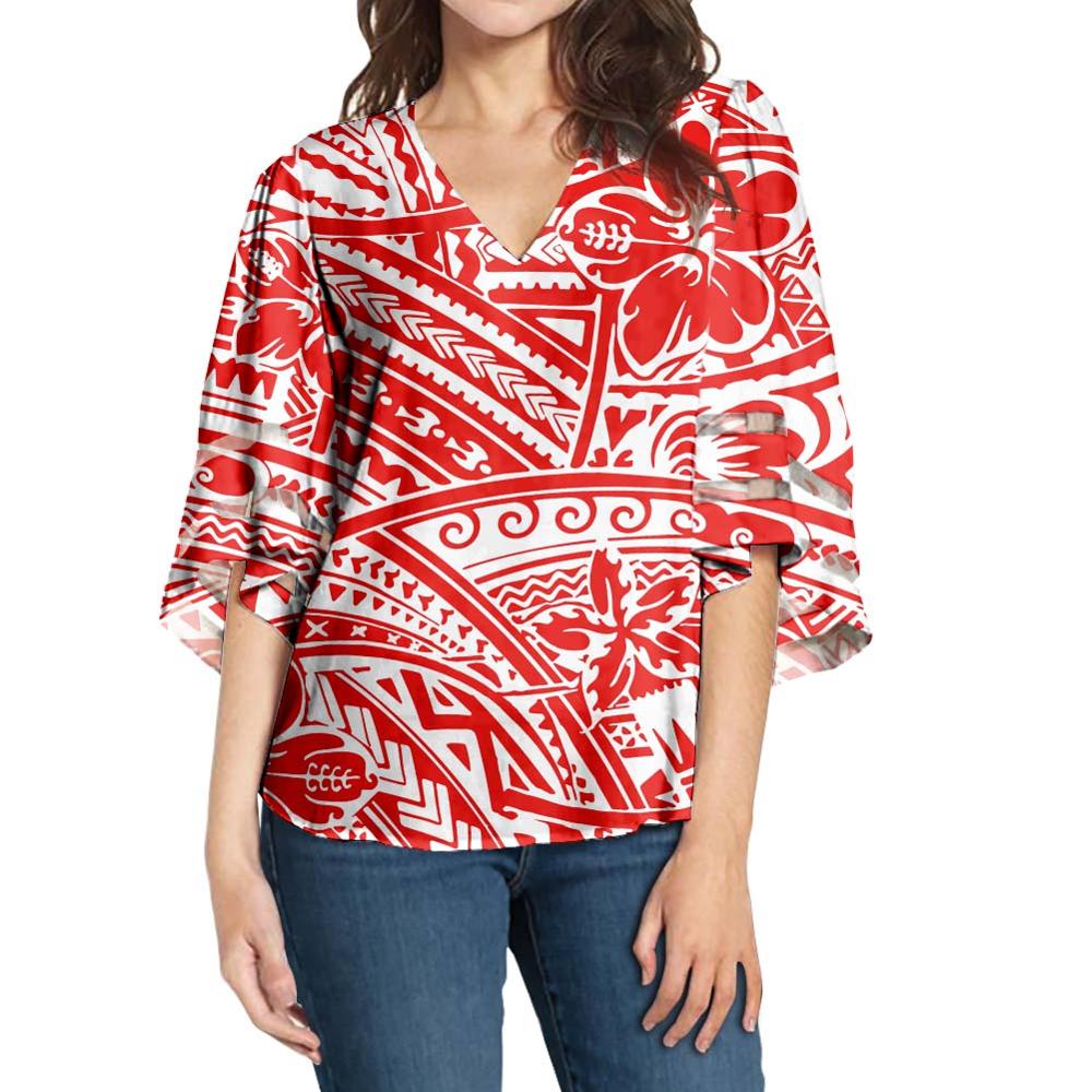 萨摩亚波利尼西亚夏威夷芙蓉图案夏季衣服女士休闲宽松舒适透气v领