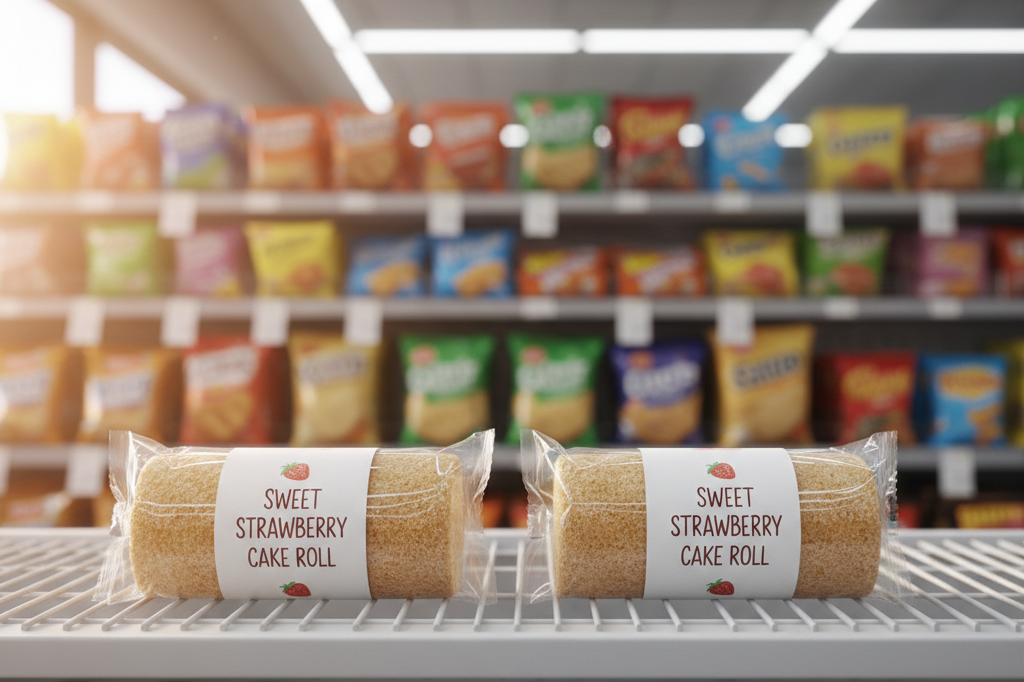 Two snack cake rolls in single-serve packaging displayed on a convenience store shelf under warm ambient lighting