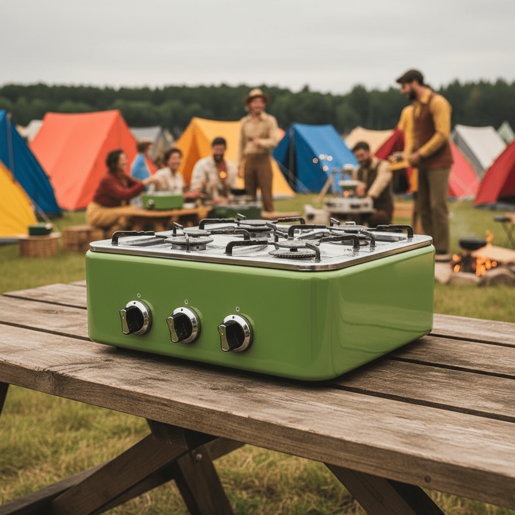Avocado green vintage gas range on a picnic table at a lively campsite.