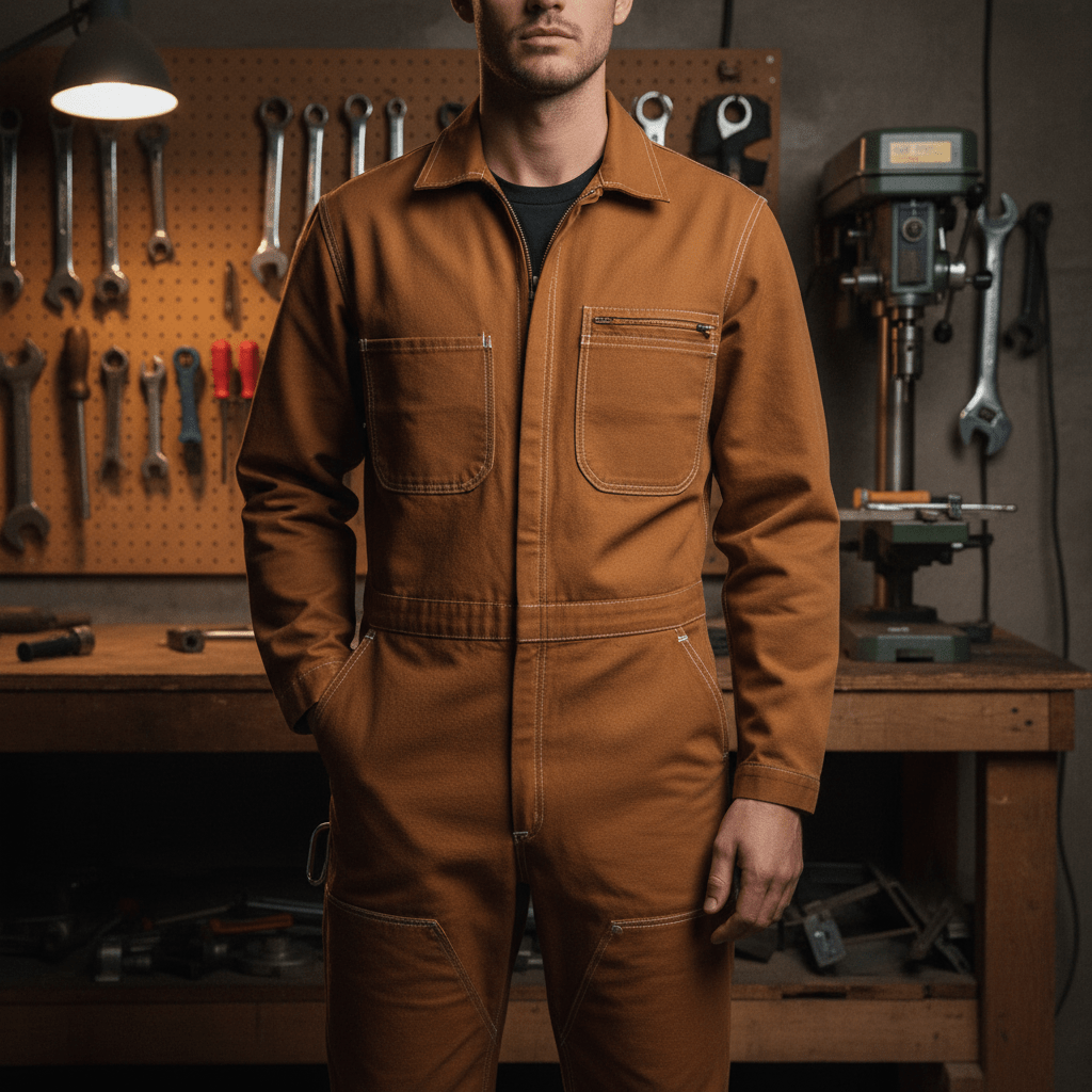 Male model in aged caramel brown organic cotton workwear jumpsuit with reinforced knees.