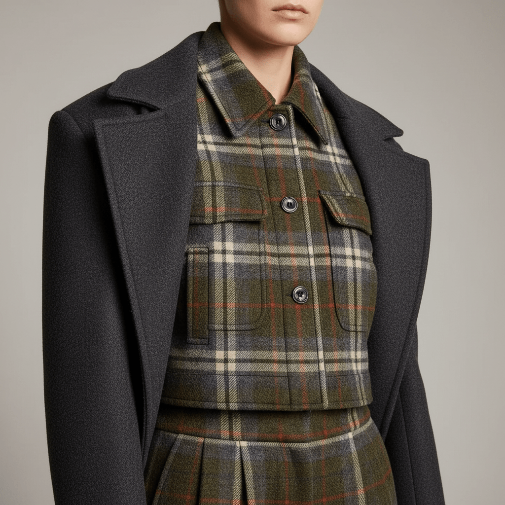 Refined cropped flannel jacket, wool-cashmere blend, heritage plaid. Tailored cropped flannel jacket, premium wool-cashmere blend, heritage plaid, neutral backdrop.